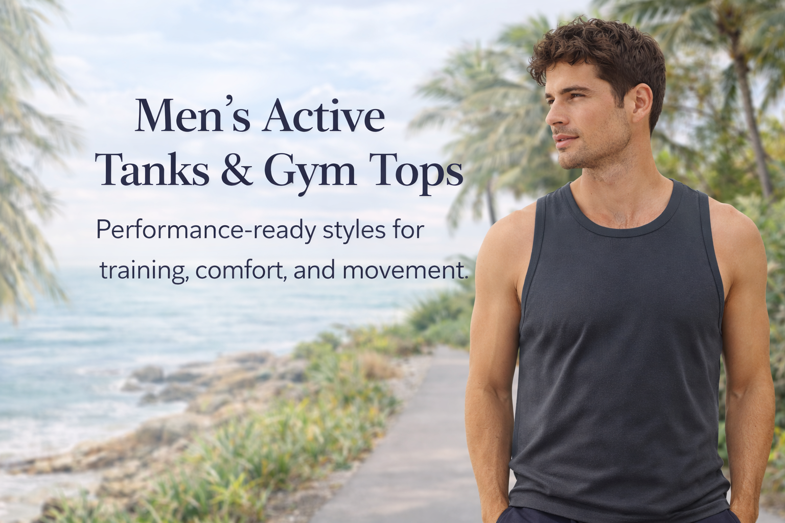 Men’s Active Tanks & Gym Tops collection banner featuring a man in a dark gray sleeveless workout tank by a coastal path, representing lightweight training and activewear styles by Elmi Vogue.