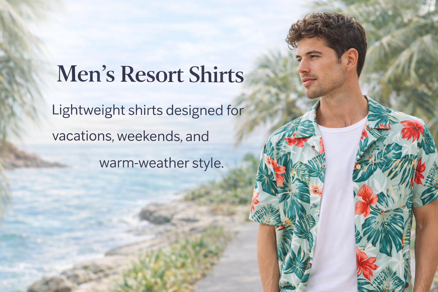 Men’s Resort Shirts collection banner featuring a man in a tropical short-sleeve button-down shirt by the beach, representing lightweight vacation-ready men’s resort wear by Elmi Vogue.