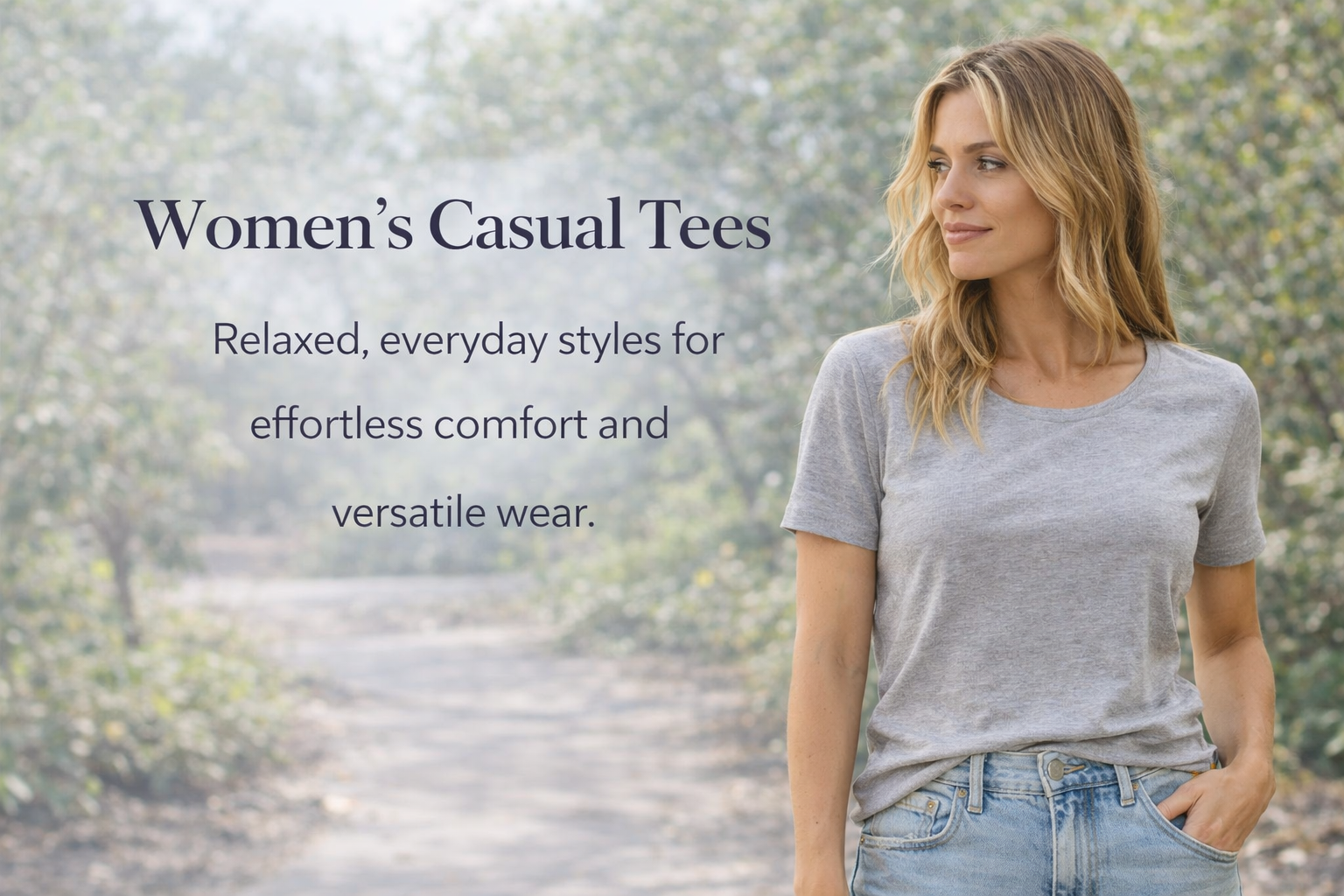 Women’s Casual Tees collection banner featuring a woman in a gray everyday T-shirt and light-wash jeans outdoors, representing relaxed versatile women’s casual basics by Elmi Vogue.