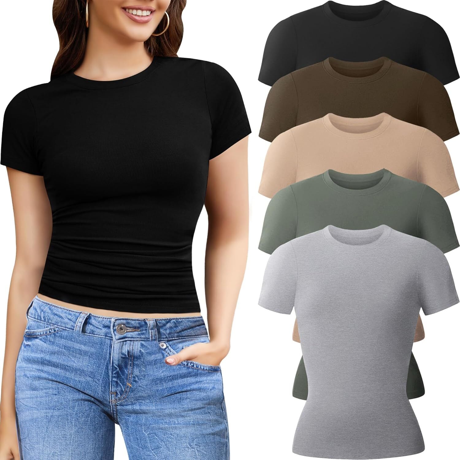 Women's 5 Pack Crew Neck Basic Tees by Elmi Vogue for women’s everyday casual wear.