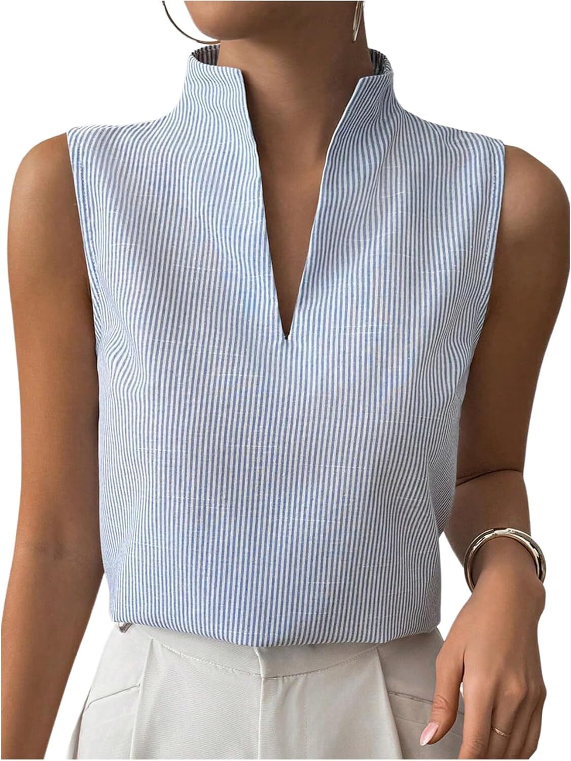 Women's Sleeveless Striped Office Top by Elmi Vogue for women’s trend-driven seasonal outfits.