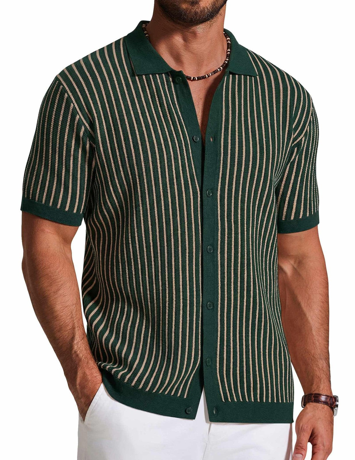 Men's Vintage Striped Knit Polo by Elmi Vogue for men’s everyday casual style.