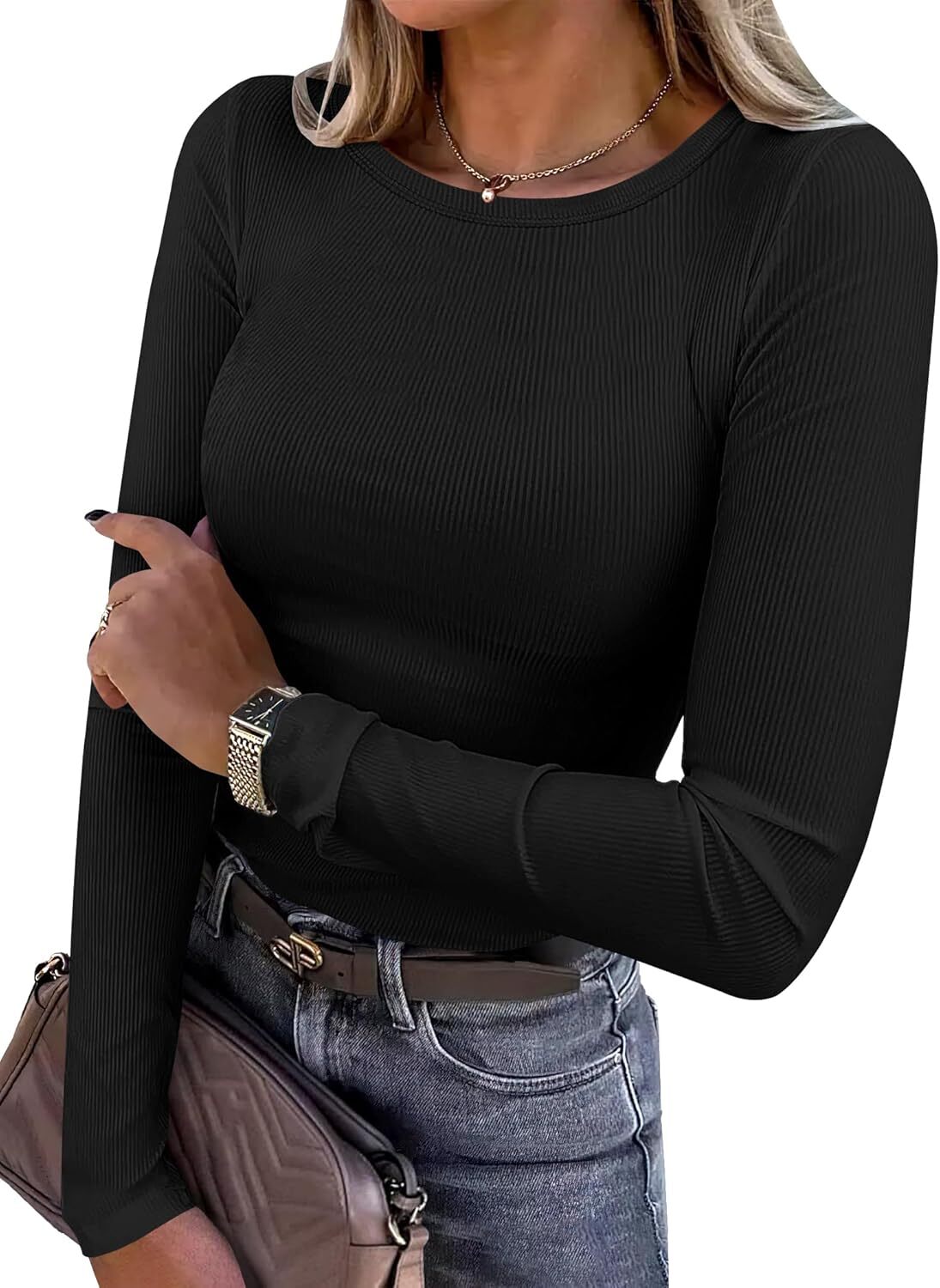 Women's Rib Knit Long Sleeve Tee by Elmi Vogue for women’s everyday casual wear.