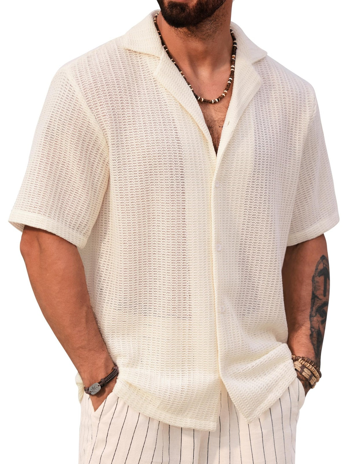 Men's Crochet Cuban Resort Shirt by Elmi Vogue for men’s resort and vacation-ready style.