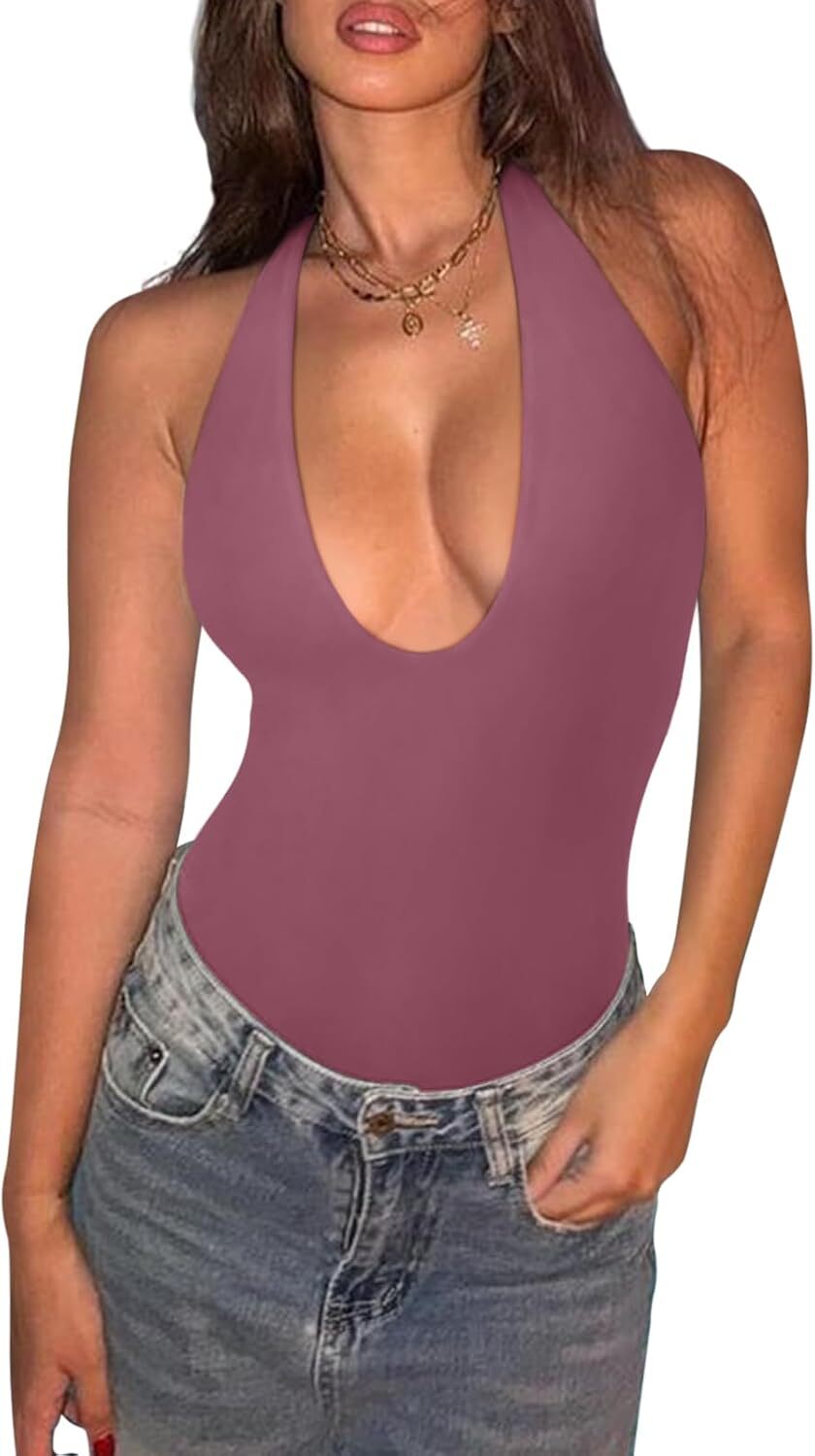 Women's V-Neck Halter Bodysuit by Elmi Vogue for women’s trend-driven seasonal outfits.